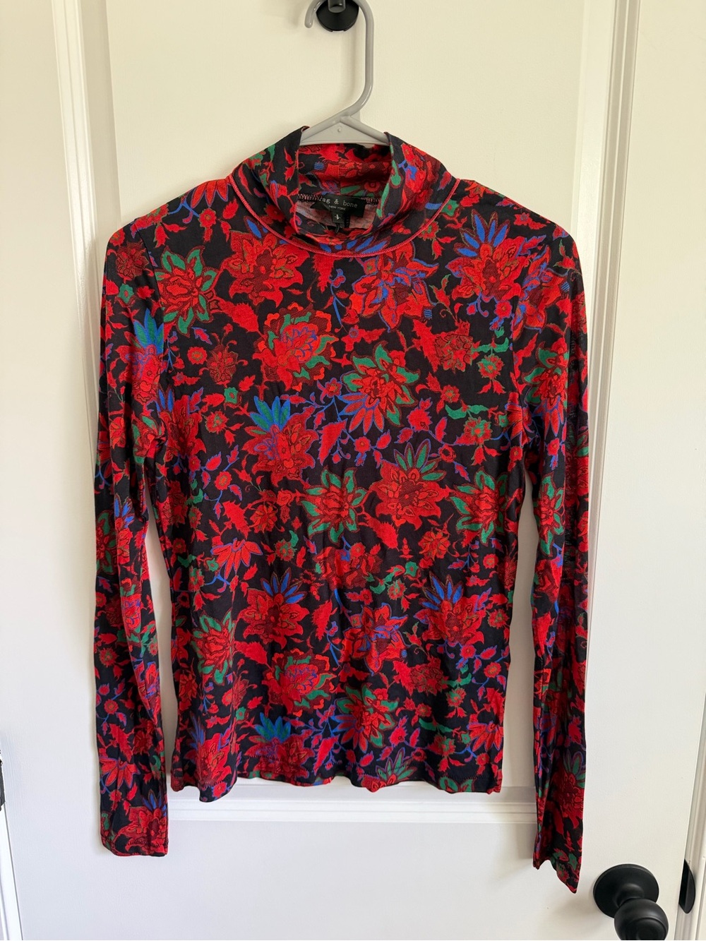 Rag & Bone red Floral Mock Neck Long Sleeve Top